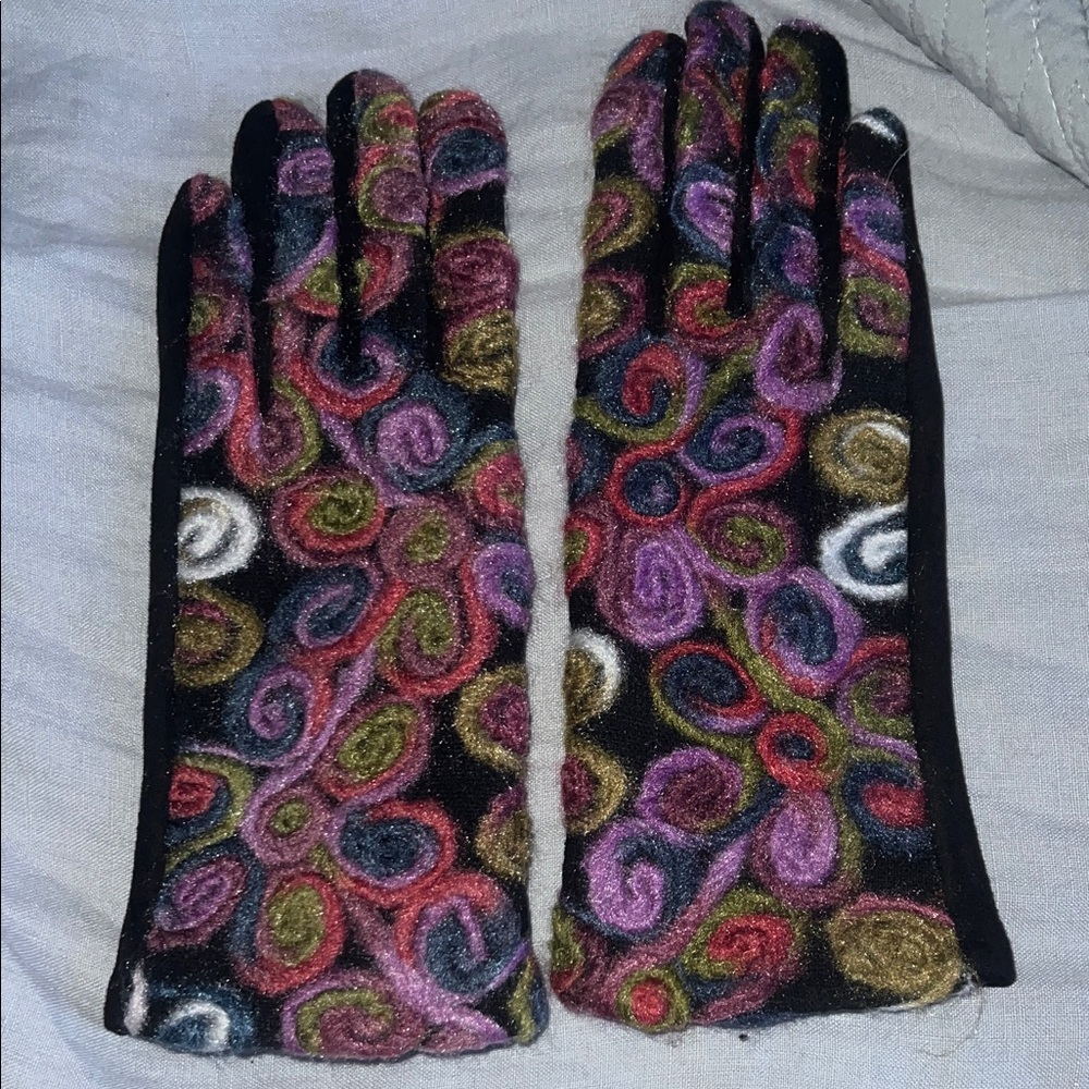 Colorful Swirl Pattern Women's Gloves - Black with Multicolor Accents